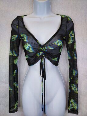 Glance Mesh Crop Top Women's S Tie Front Sheer Butterfly Boho Festival Y2K Fairy